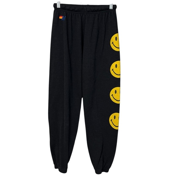 Aviator Nation Smiley Face Fleece Jogger Sweatpants Charcoal Grey Small Cozy - Picture 1 of 4